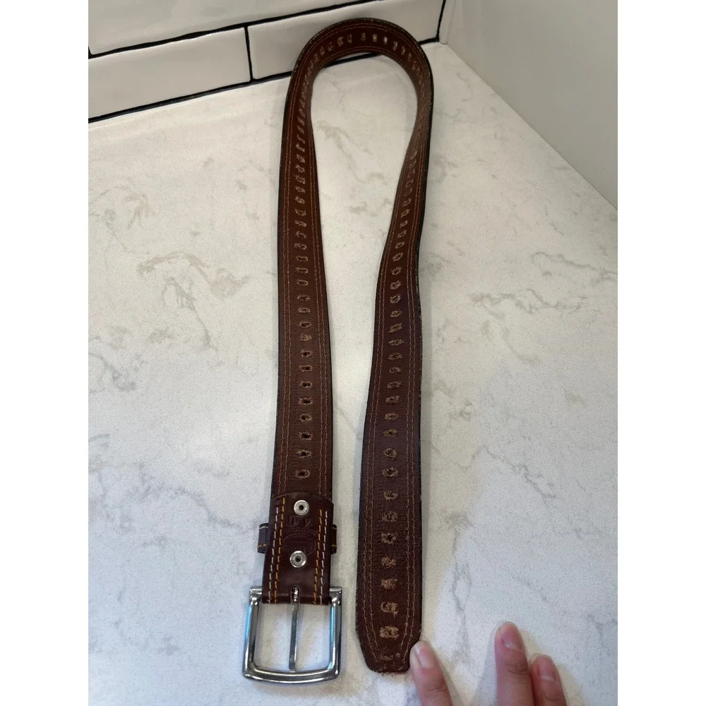 Ramos Mens Brown Leather Belt Double Stitch Perforated Size 40 Silver Buckle